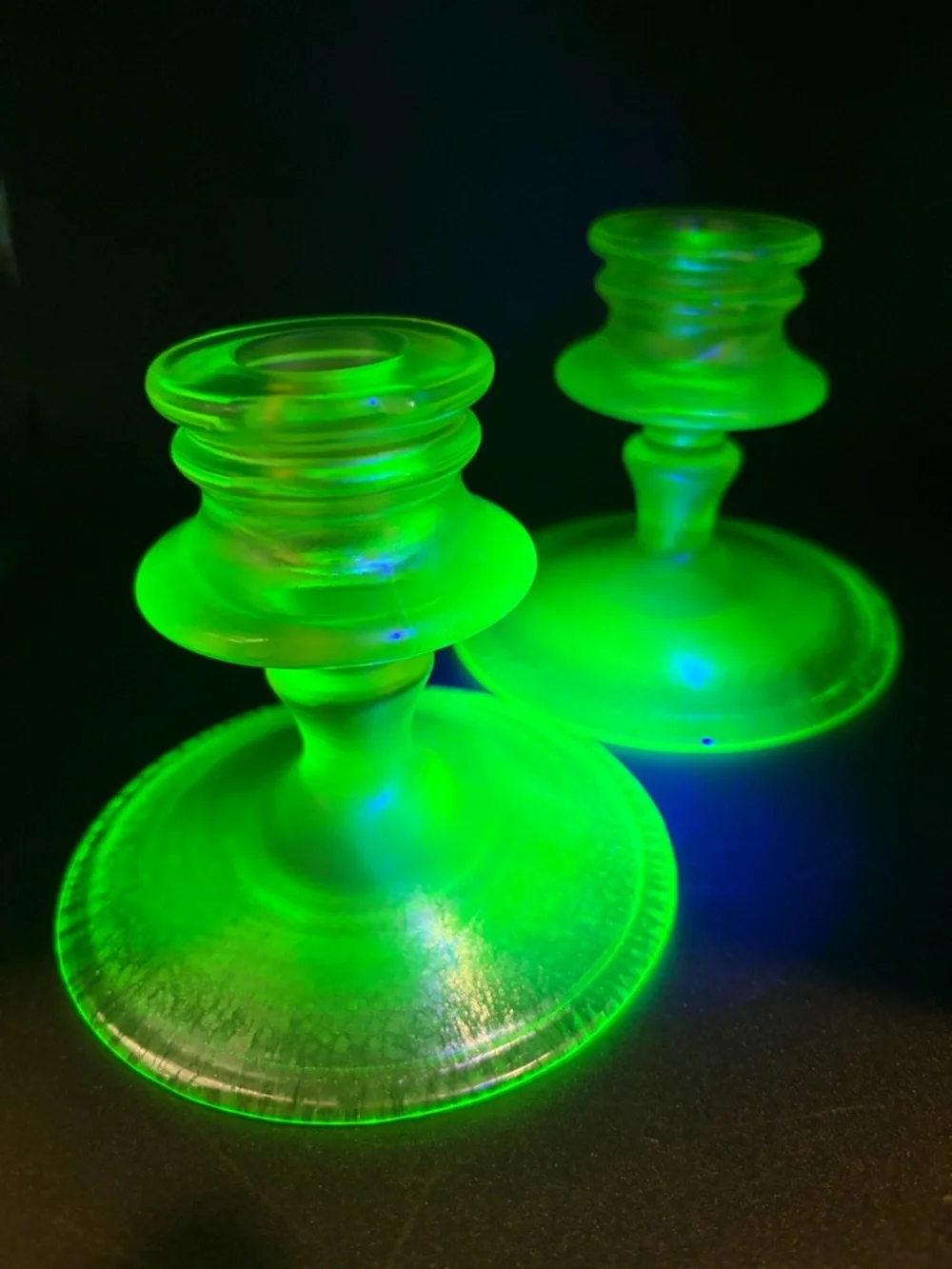 Vintage Vaseline Onion Skin Stretch Glass Uranium Candlesticks Candle Holders